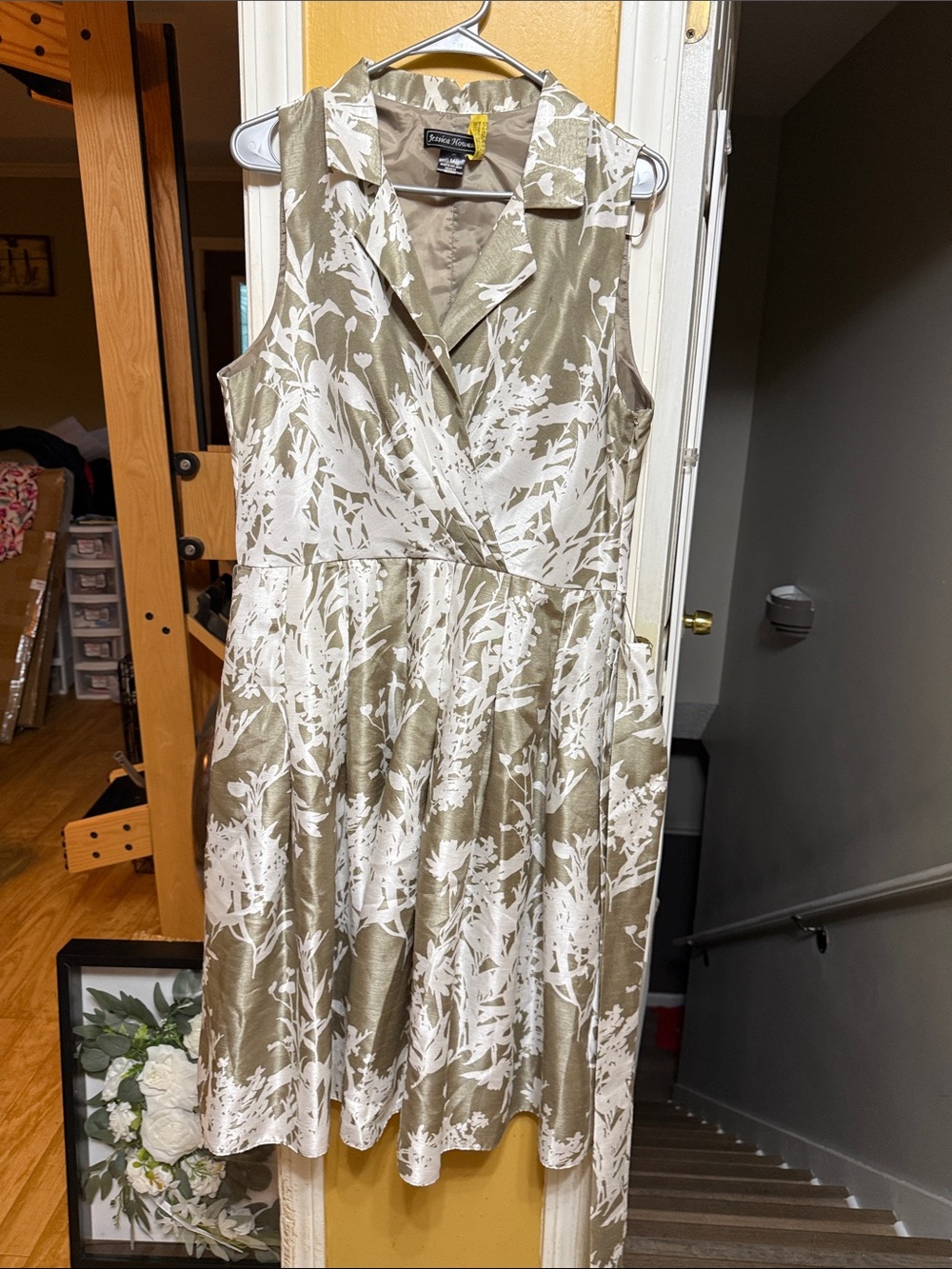 Jessica Howard Floral Fit & Flare Taupe Ivory Belted Sleeveless Midi Dress